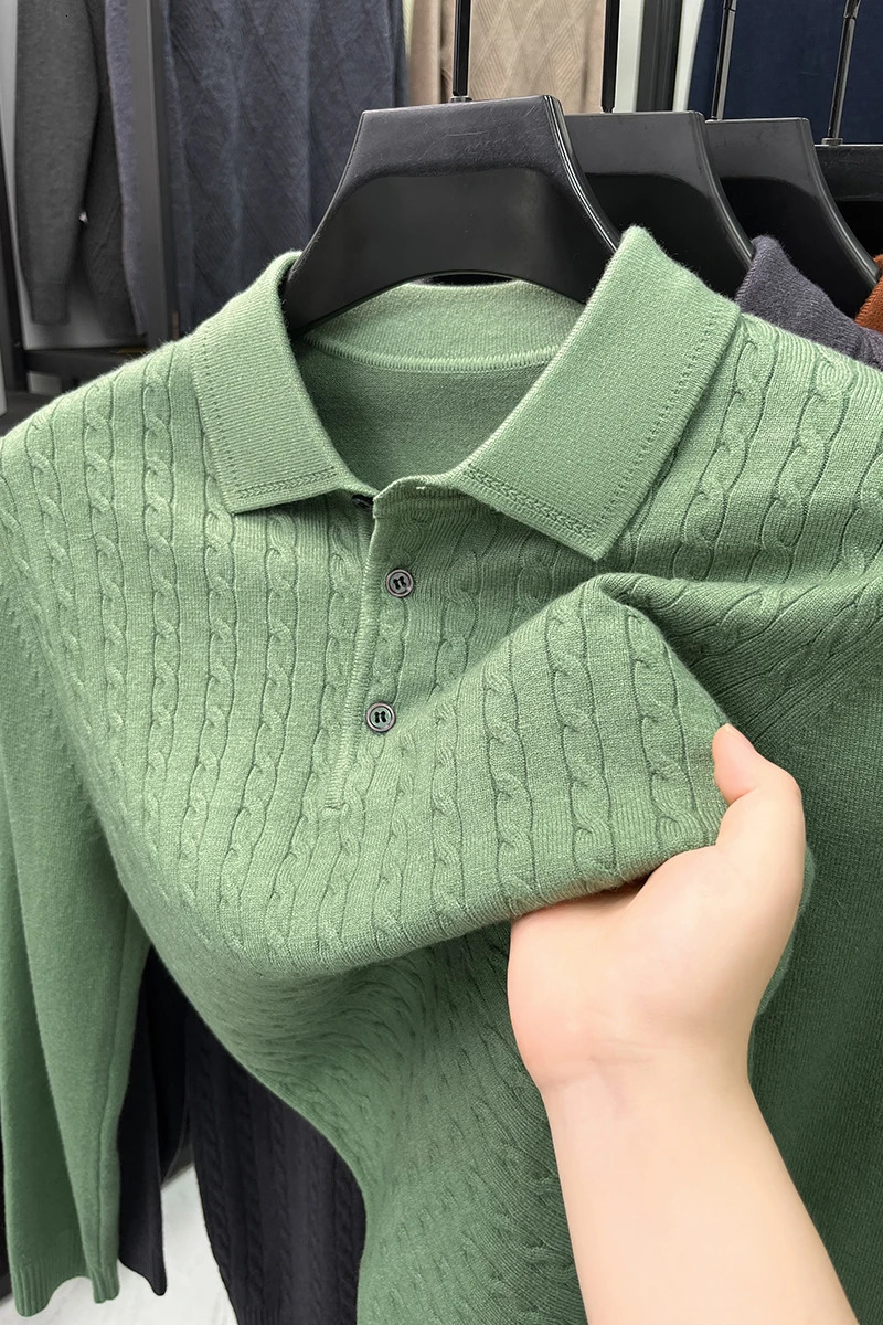 High end fashion jacquard lapel knitted long sleeve Tshirt men autumn and winter thick warm casual Korean version sweater 241111