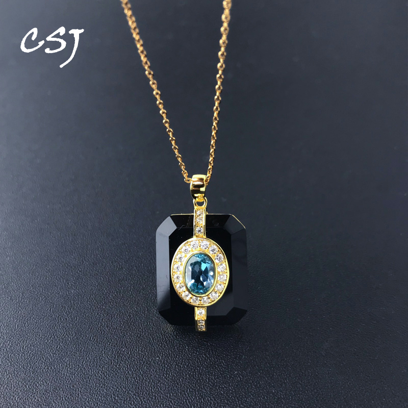 CSJ New Natural Blue Topaz Pendants Sterling 925 Silver Blacke Agate Necklace for Women Birthday Party Sparking Jewelry Gift