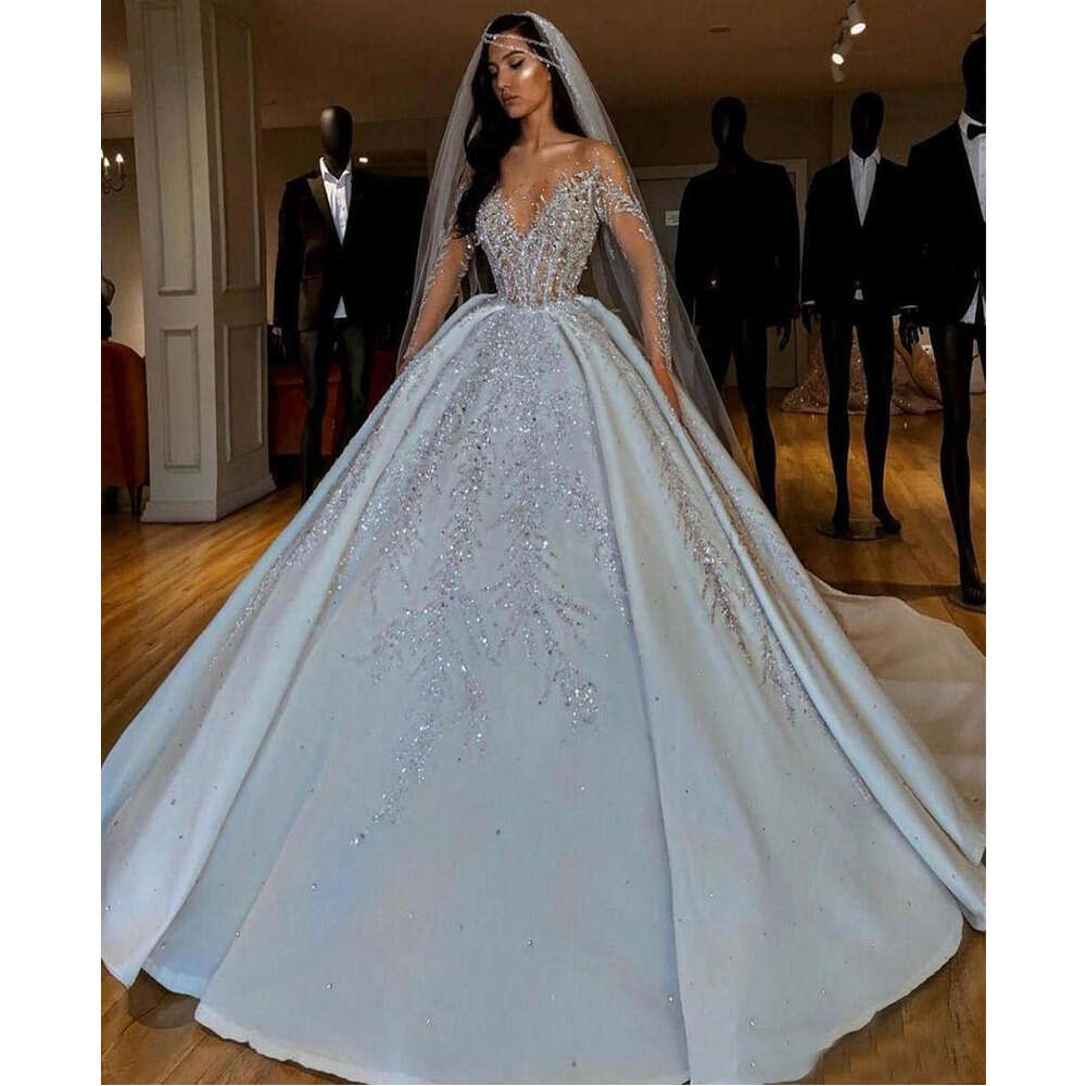 Exquisite Sweetheart Beading Sequined Wedding White Fashion Long Sleeves Pearls Floor Length Court Train Chic Bride Dress