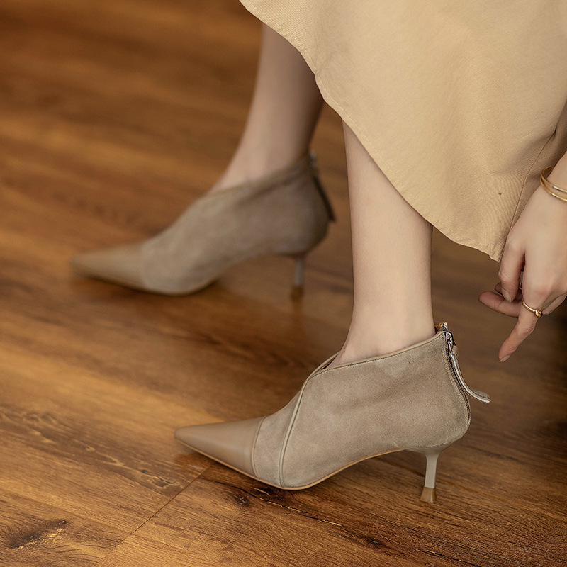 Women's Suede Boots: Trendy 2024 Pointed Toe High Heel Booties in Black/Apricot a15e