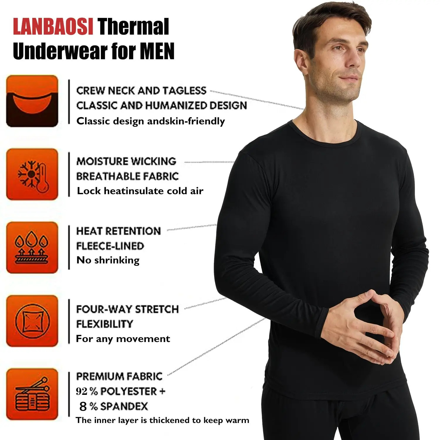2 Pack Thermal Shirts for Men Crewneck Long Sleeve Undershirt Base Layer Cold Weather Thermals 241111
