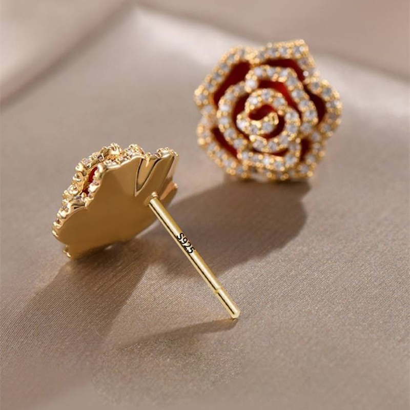 Charm Rose Flower Stud Earrings Jewelry 18K Gold Plated S925 Needle Jewelry
