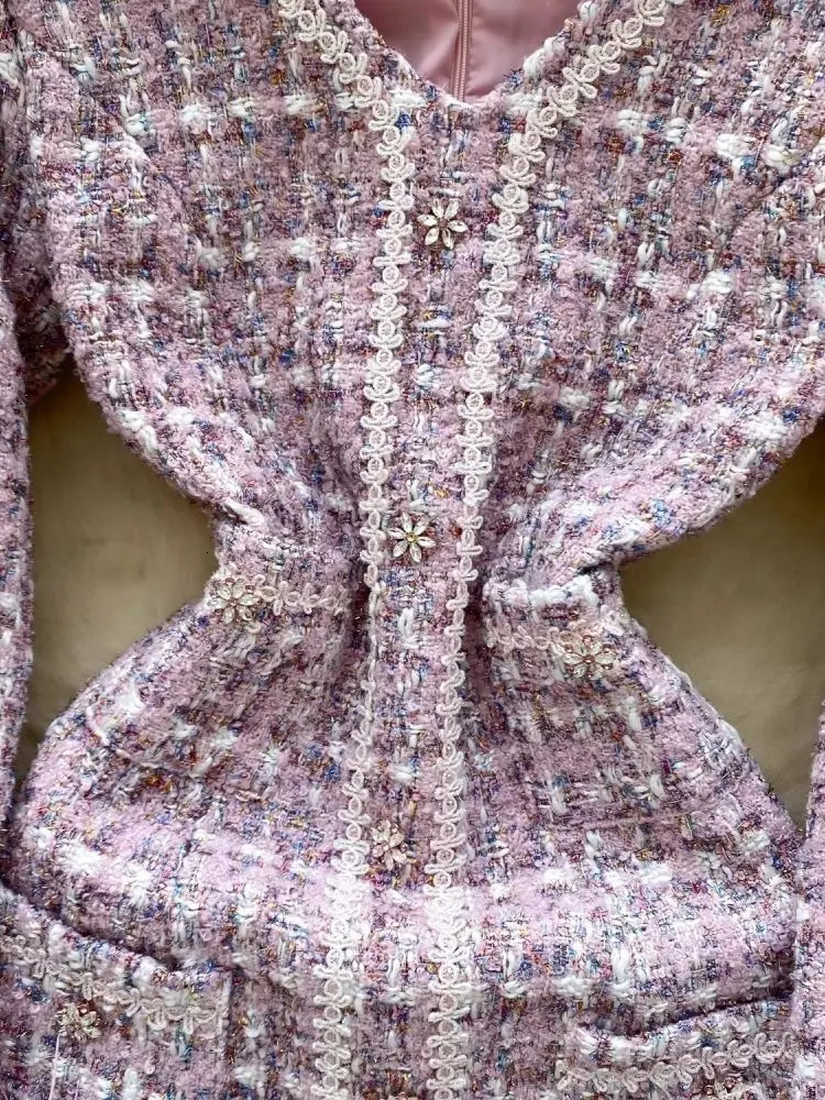 Runway Autumn Winter Mini Short Tweed Dress Women Feathers Long Sleeve Pocket Woolen Plaid Party Vestidos 241111