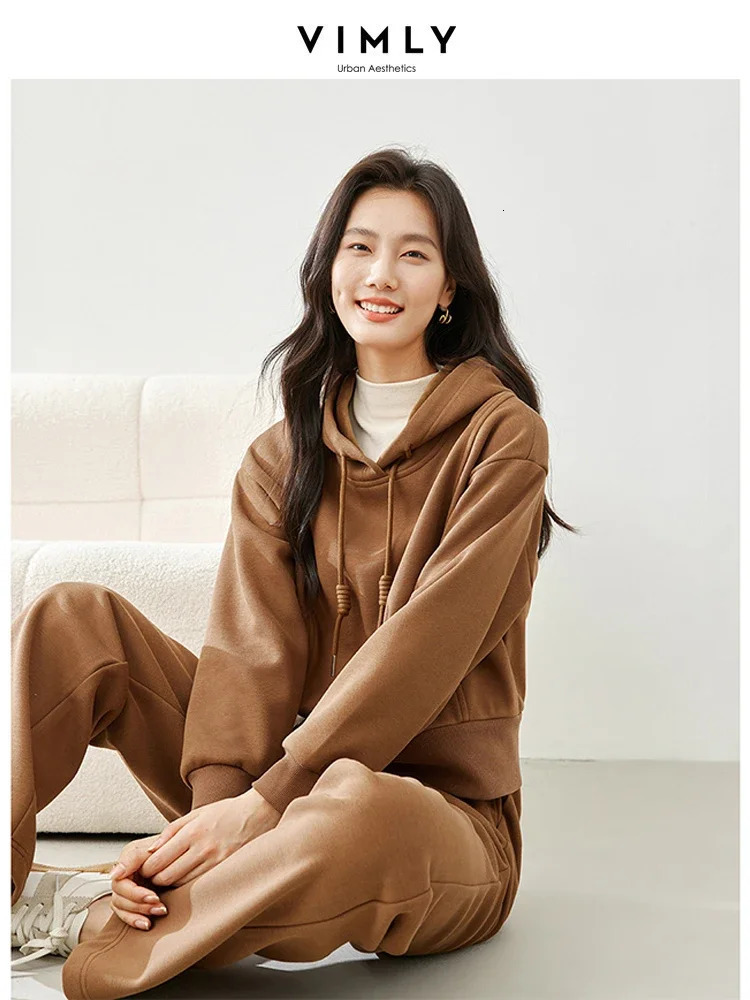 Vimly Fleece Tracksuit Womens Coffee Sports Two Piece Pants Hooded Sweatshirt Wide Leg Sweatpants Matching Set M3736 241111