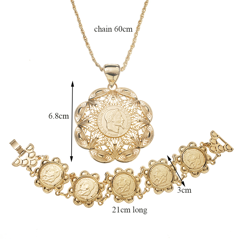 French Vintage Coin Bracelet Dubai Ladies Necklace Slide Chain Arabian Ladies Robe Jewelry Set Algerian Gold Plated Pendant