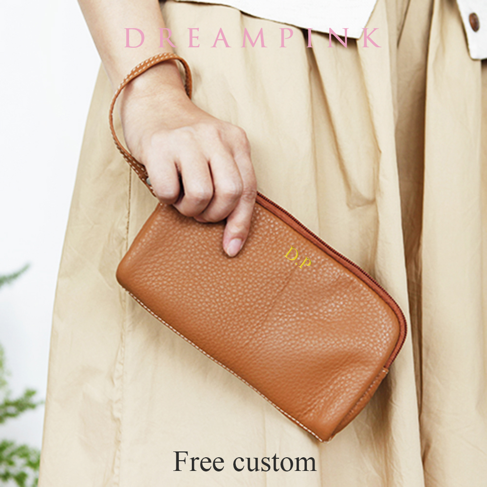 Leisure Cowhide Women Clutch Bag Personalize Letters Genuine Leather Female Wristlet Purse Bag Vintage Pencil Makeup Zip Pouch