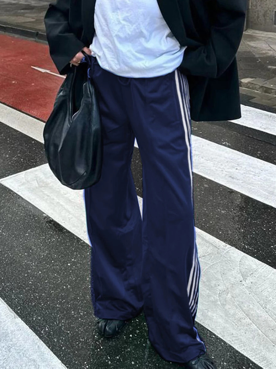 Women Y2k Wide Leg Track Pants Baggy Side Striped Joggers Sweatpants Elastic Waist Color Block Parachute with Pockets 241108
