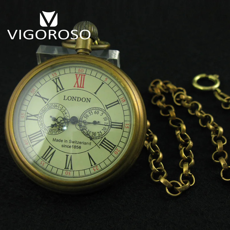 VIGOROLO series antique copper mechanical sleeve watch FOB chain hand wrapped Roman numerals 12/24-hour vintage watch 241108