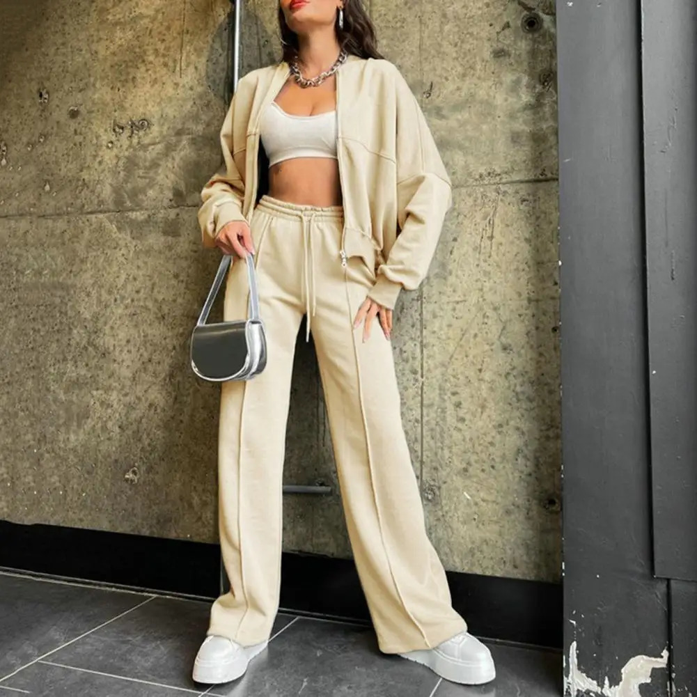 Fashion Solid Women Tracksuit Casual Oneck Long Pant Sets Autumn Sleeve Zipper Coat Loose Chic Female Sportswear 241111