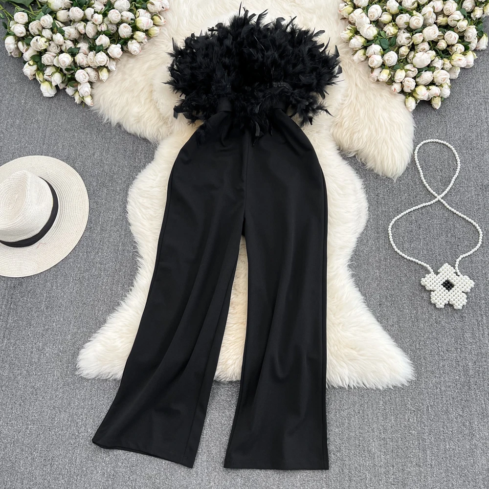 Feather Spliced Elegant Belt Jumpsuits for Women Tassels High Waist Solid Colours Straight-leg Pants Chic Skinny Femme Bodysuits