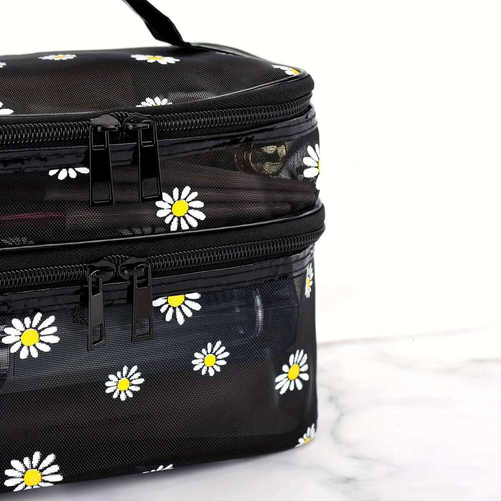 Daisy Mesh Cosmetic Large Capacity Convenient Travel Wash Double Layer Make Up Supplies Storage Makeup Bag
