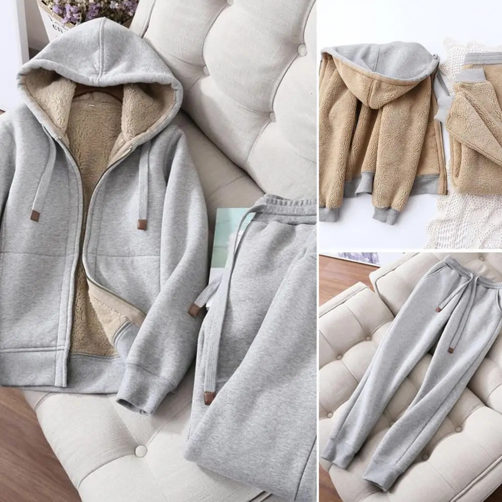 1 Set Cozy Hoodie Sports Outfit Sweatshirt Pants Drawstring Women Jogger Twopiece Streetwear 241111