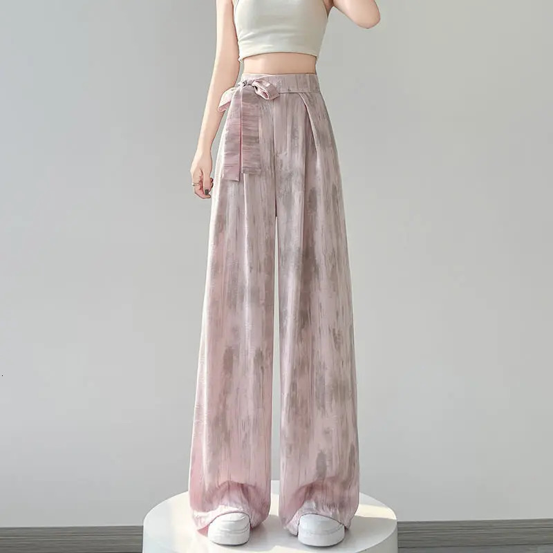 Women Satin Vintage Laceup Elegant Wide Leg Pants Y2K Female Chic High Waist Loose Straight Trousers Pantalones 241108