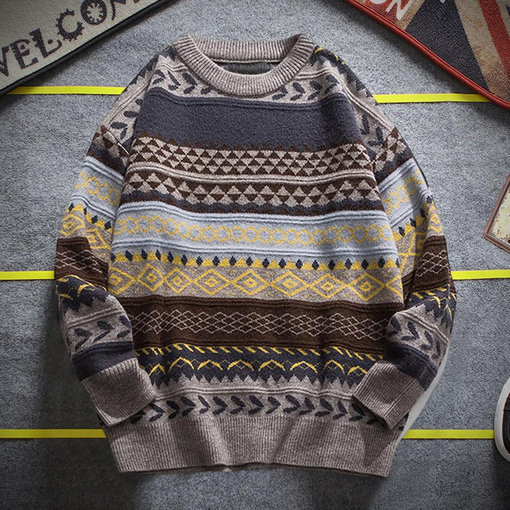 Knitted Striped Vintage Sweater Pullover Men Sweater Casual Men's Sweater O-Neck Long Sleeves Retro Striped Print Sweater Jumper