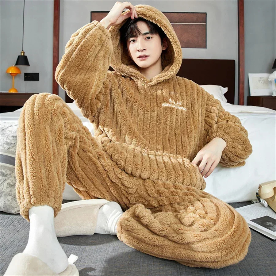 Winter Warm Coral Fleece Men Pajamas Set Fluffy Tops Long Pants Sleepwear for Sleeping 2 Piece Homewear Loungewear 241111