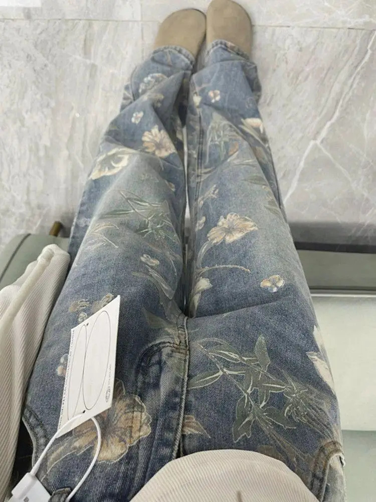 American hiphop men and women trendy retro floral print straight leg jeans for couples loose wide casual pants y2k 241111