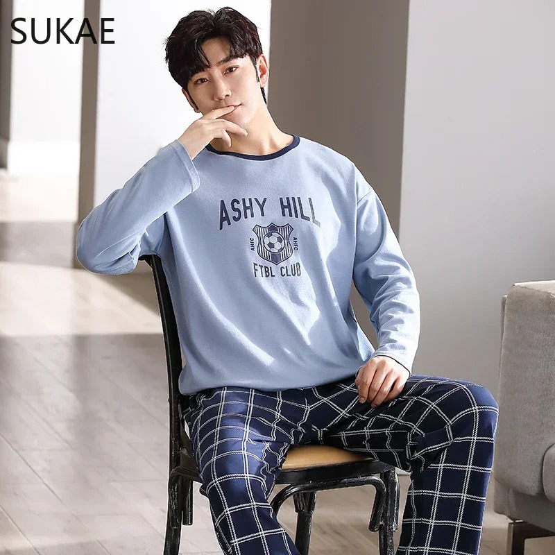 SUKAE y Navy Mens Sleepwear Autumn Winter Cotton Man Pajama Long Sleeves Homewear Gentleman L4XL Big Minimalist Pijama 241111