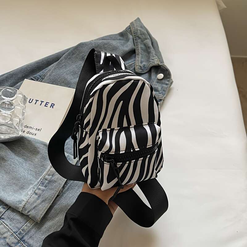 Fashion Mini Crossbody Bag with Zipper Closure Stripe Pattern Nylon Material in White, Black, Brown Colors - Perfect for Daily Use, Travel, and Sports
