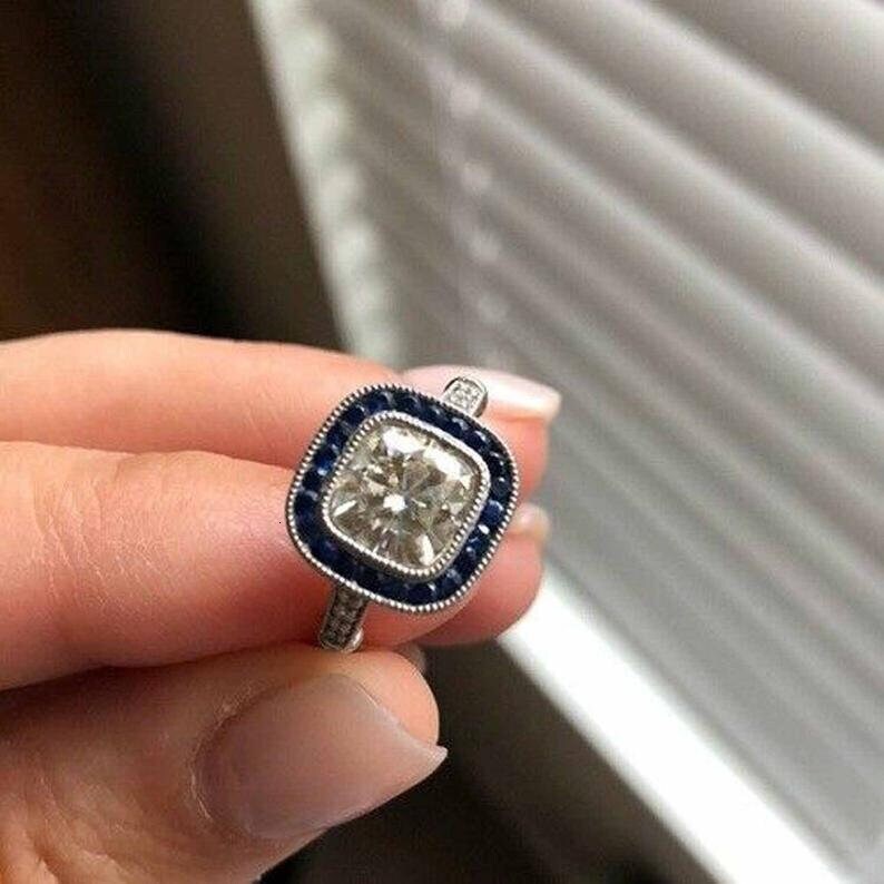 1.57 TCW Colorless Cushion Cut Moissanite Art Deco Ring 14K White Gold with VVS Clarity Fine Jewelry for Weddings gorgeous