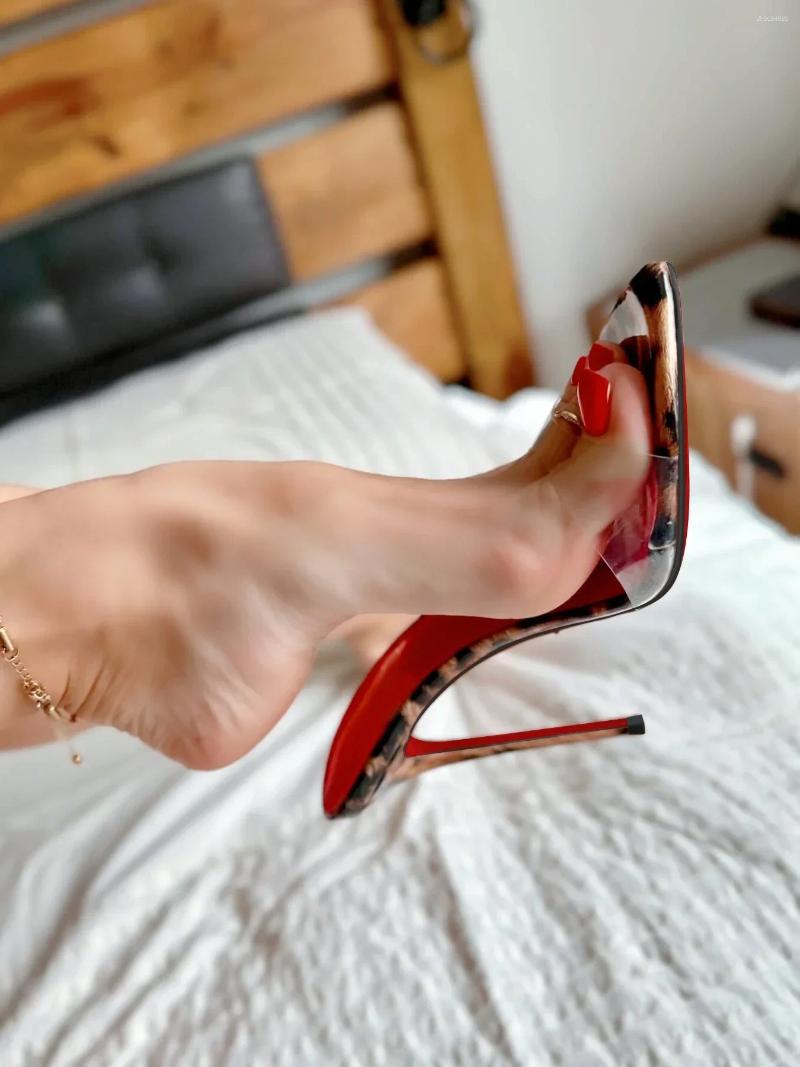 Slippers Leopard Print Pointed High-heeled For Women With Slim Heels And Exposed Toes Half Drag Minimalist Sandals 33-46