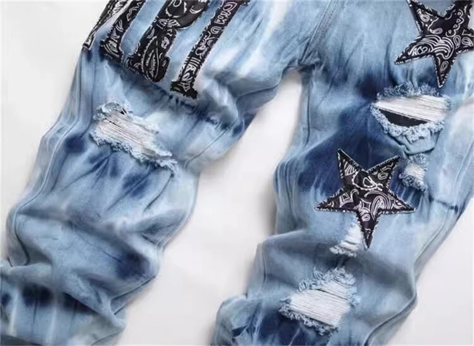 Y2K celebrity embroidered ripped jeans tie dyed light blue cotton stretch streetwear fashion mens tight denim pants 241108