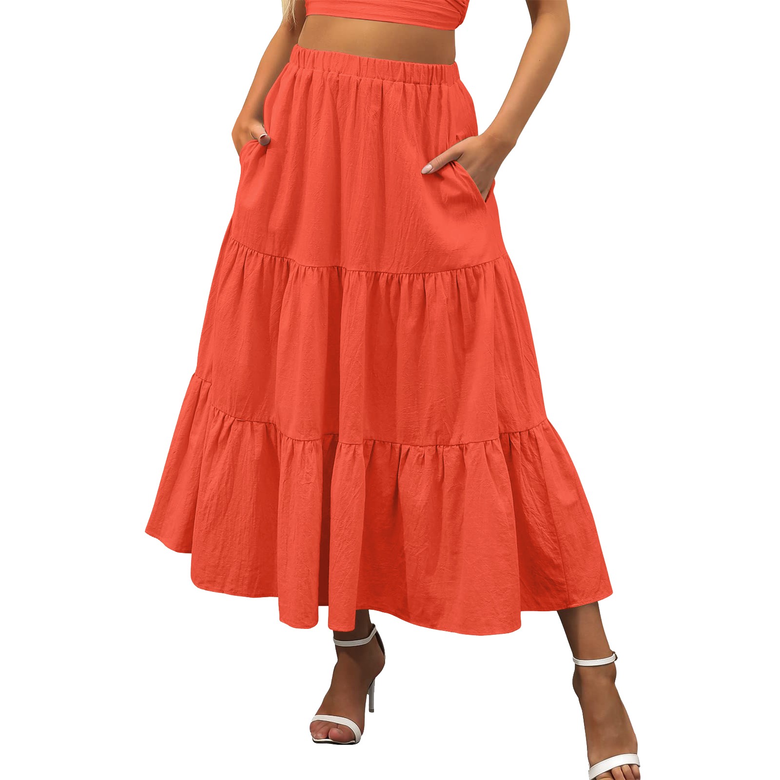 Summer Boho Long Skirts Women Elastic Waist A Line Flowy Swing Tiered Maxi Skirts Beach Ruffle A-Line Skirt With Pockets Faldas