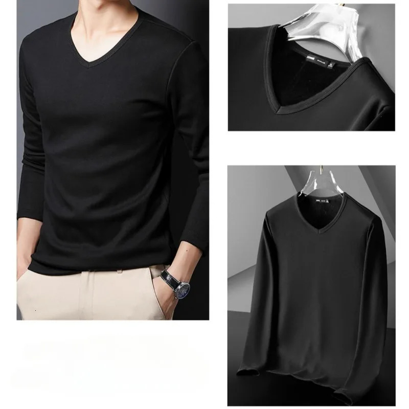 Winter mens underwear long sleeved warm wool T-shirt Velet T-shirt solid color V-neck top winter ultra-thin warm T-shirt 241111