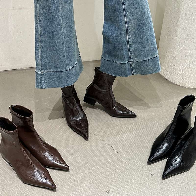 Pointed Toe Women Ankle Boots Fashion Thick Heel Slimming Short Booties Autumn Winter Soft Leather Female Shoes