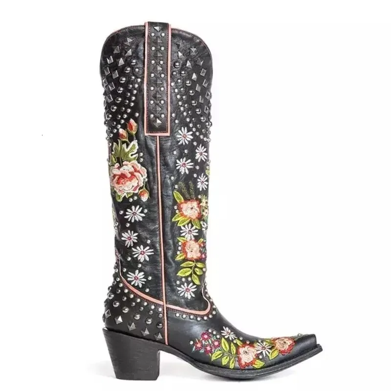Embroidered Rivet Western Cowboy Women Pointed Toe Square Heels Vintage Knight Cowgirl Boots Womens Shoes 240619 241119