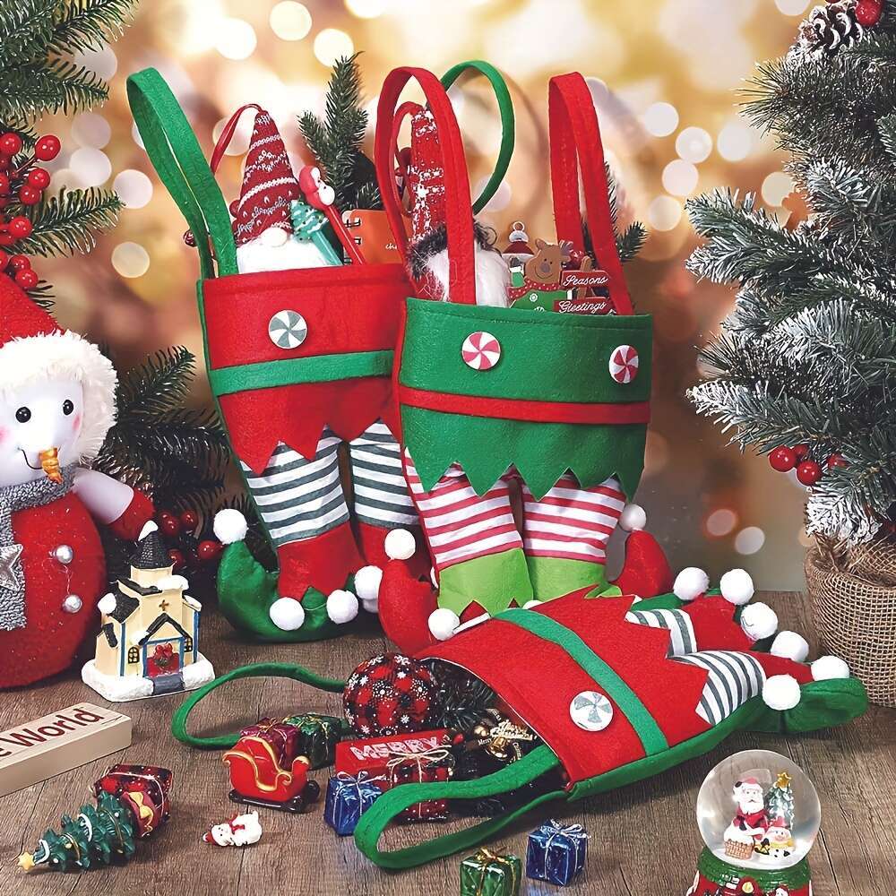 Christmas 4pcs Christmas Elf Boot Candy Bags Set - Festive Handheld Stocking Fillers for Holiday Party Decor & Gift Wrapping .