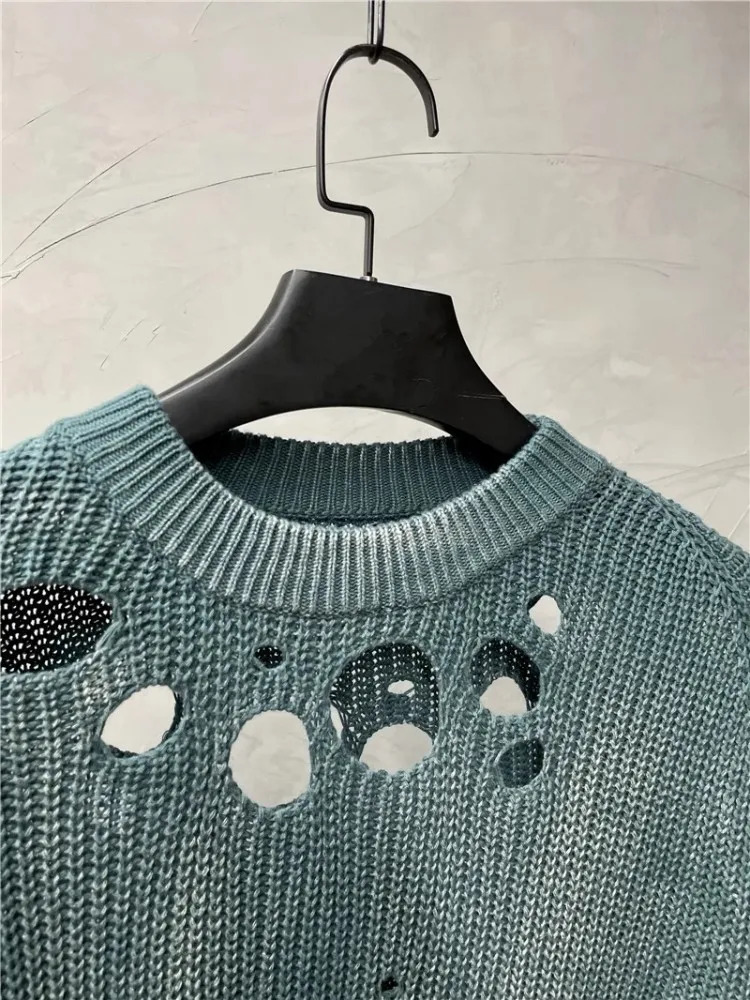 Autumn Vintage N Loose Fit Hole Sweater Mens Casual Long Sleeve Oneck Knit Tops High Street Fashion Pullover Knitwear Male 241111 B4