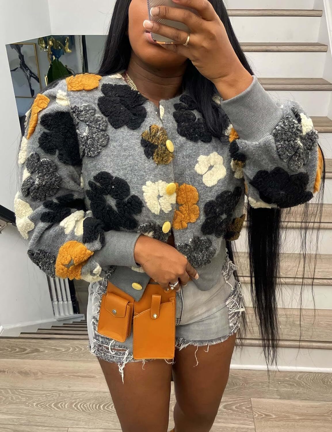 Women's Cropped Ral Print Bomber Puff Sleeve Fleece Varsity Jacket Button Down Fall Winter Outerwear Coat