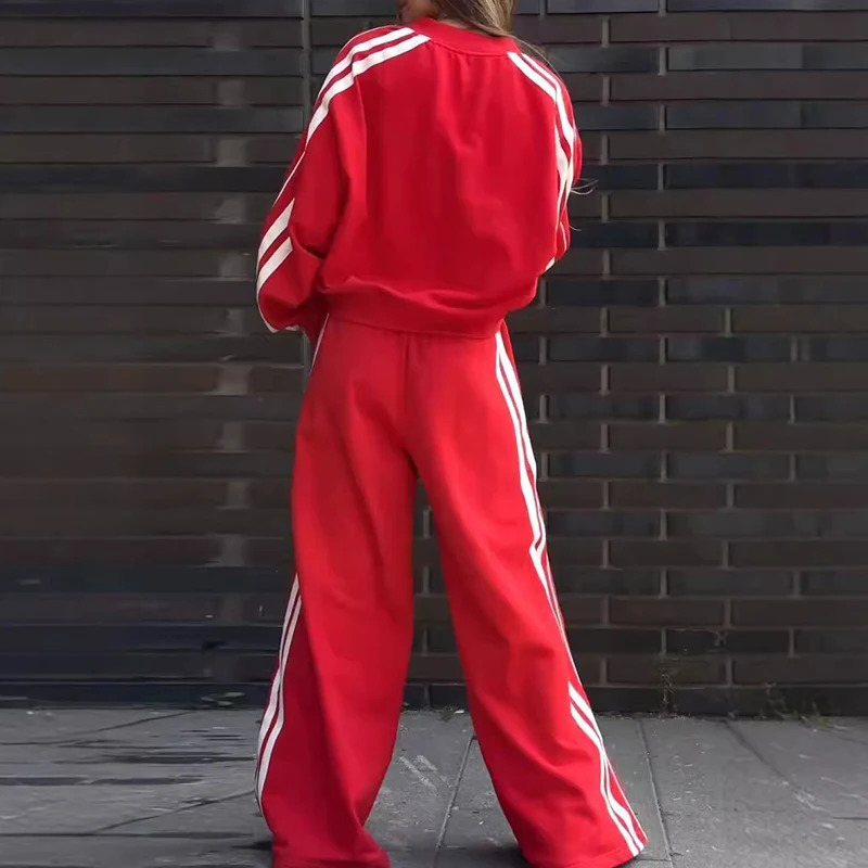 Y2K Style Casual Sportswear Two Piece Set Women V Neck Sweatshirt Pullover Long Pant Suit Outfit Winter Stripe Loose Tracksuit 241111
