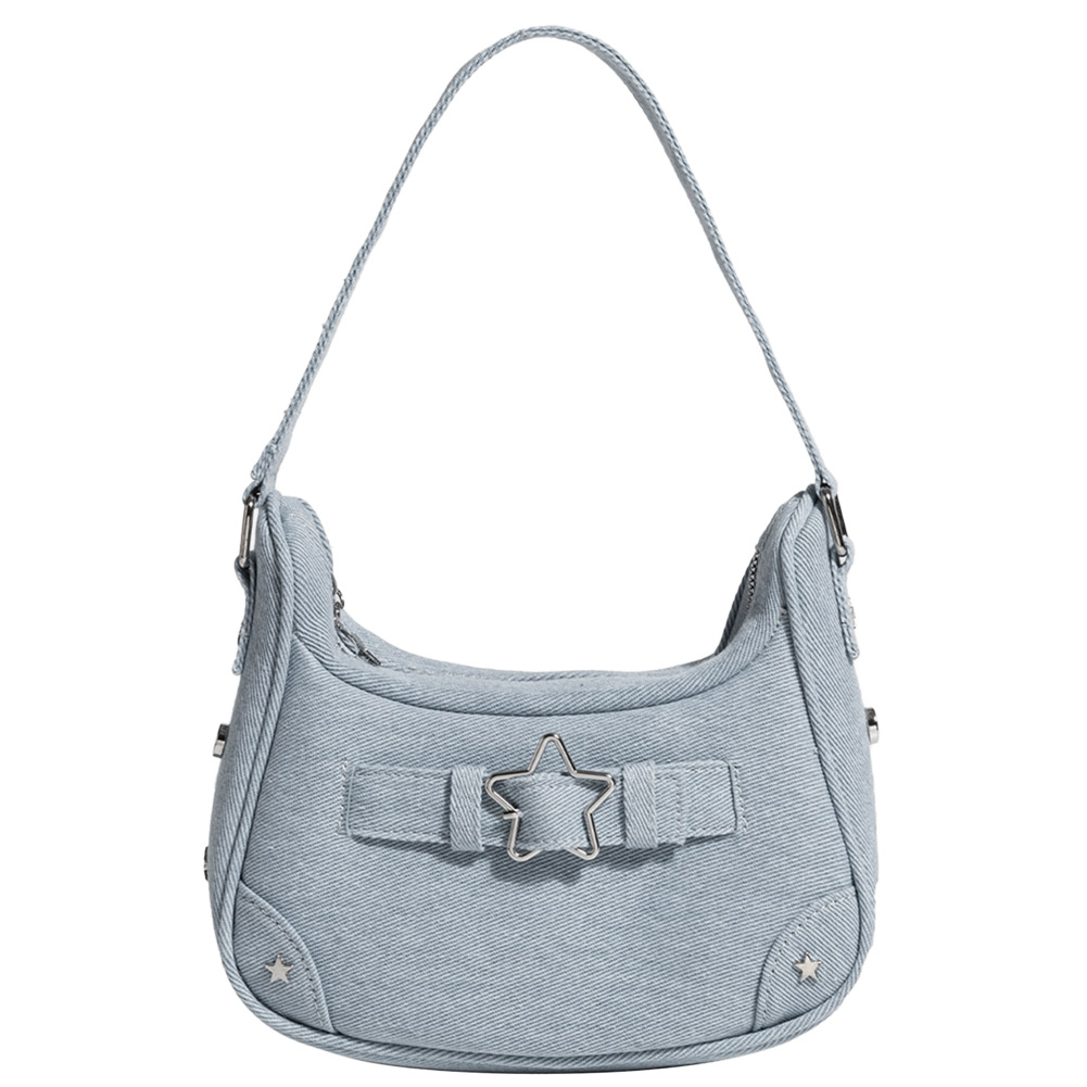 Women Shoulder Handbag Vintage Y2K Casual Hobos Denim Star Decor Solid Color Underarm Bag for Girls Ladies Purse Tote Bag Bolsa