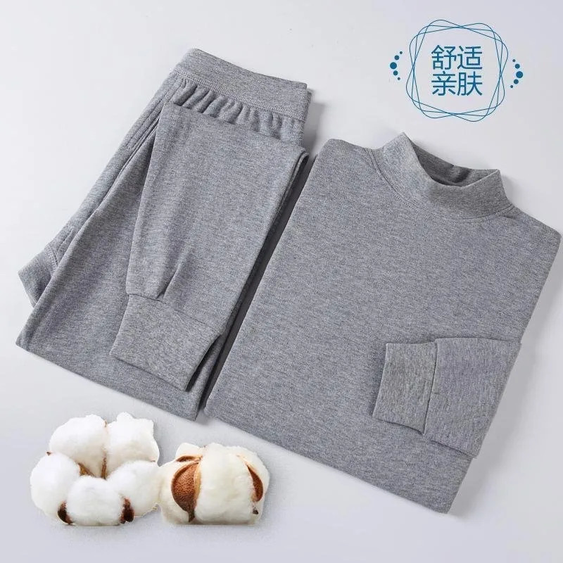 Two Pieces Warm Casual Men Pajama Sets Solid Color Round Neck Thickened Fleece High Quality Winter Autumn Underwear 241111