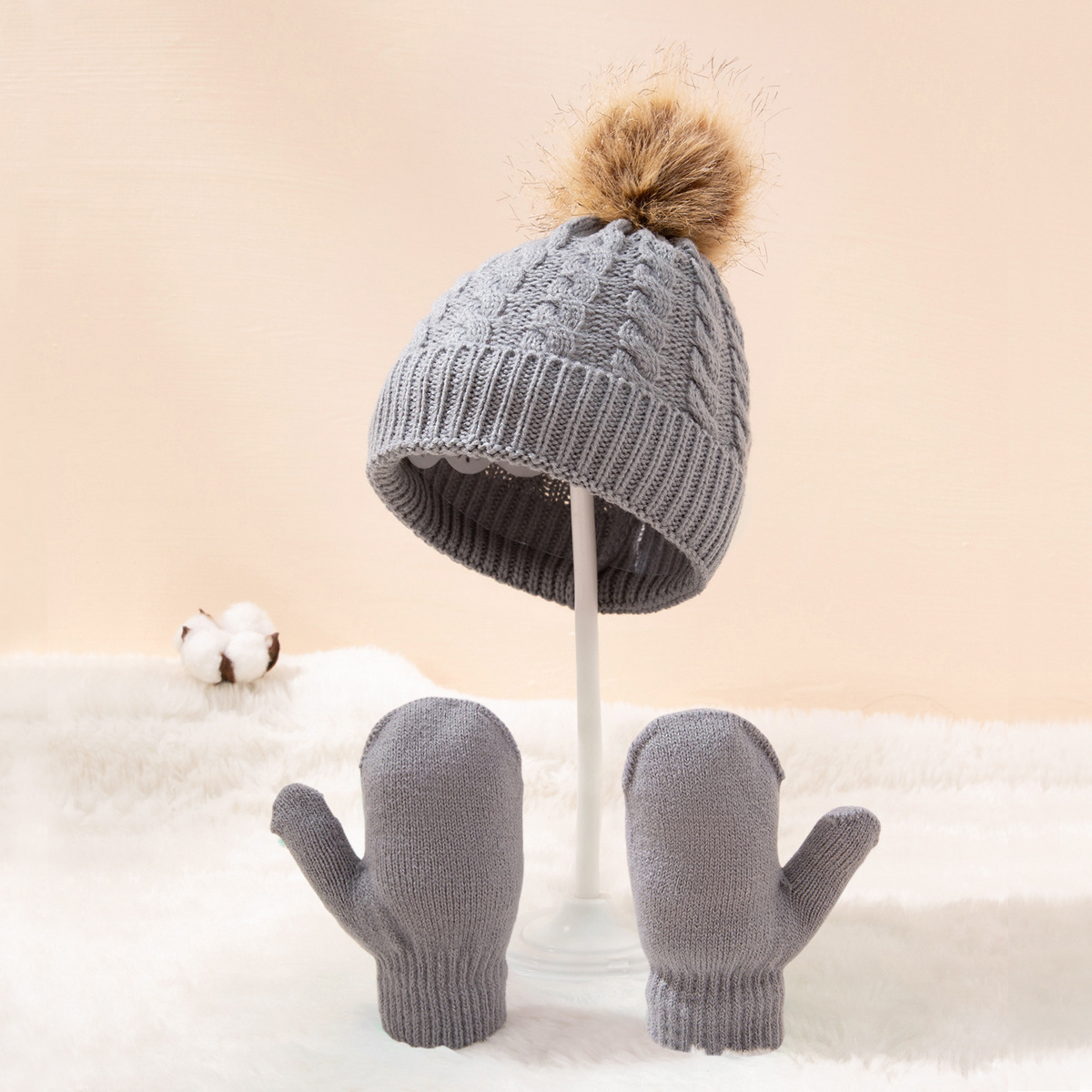 Winter Hat Gloves Suit Children Boys Girls Caps Pompom Ball Keep Warm Knitted Beanies and Mittens Solid Color for 0-3 Years Kids