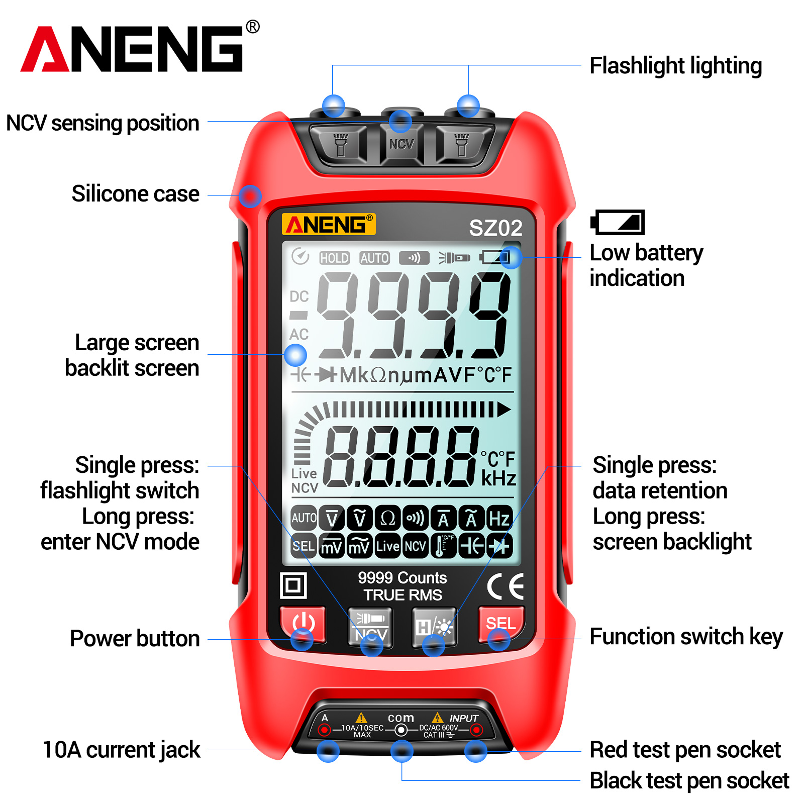 ANENG SZ02 Smart Digital Multimeter 9999 Counts NCV Universal Meter Handheld Tester AC/DC Voltmeter Ammeter with Backlight
