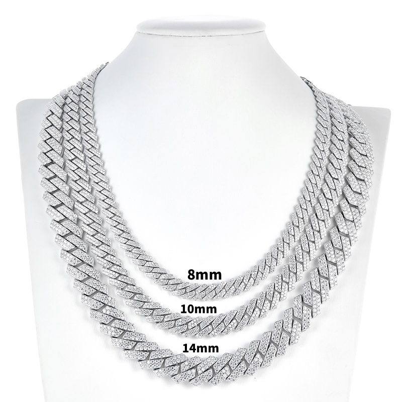 8mm 10mm 14mm 2 row k S 14k rhodium rose gold color vvs moissanite cuban chain passed dia tester
