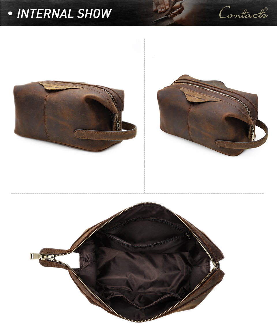 Contact's Men Hanging Cosmetic Bag Crazy Horse Leather Travel Makeup Case Zipper Organizer Storage Pouch Vintage Toiletry Bags Leather