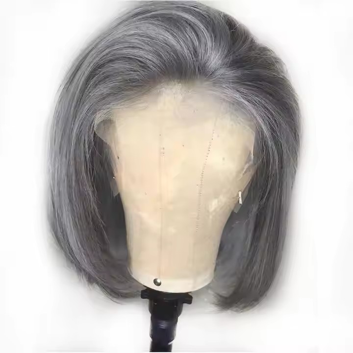 Grey Colored Human Hair Wigs Short Bob Lace Front Blunt Cut Wigs 13X4 Side Part Brazilian Gray Human Hair Pre Plucked Remy Wigs