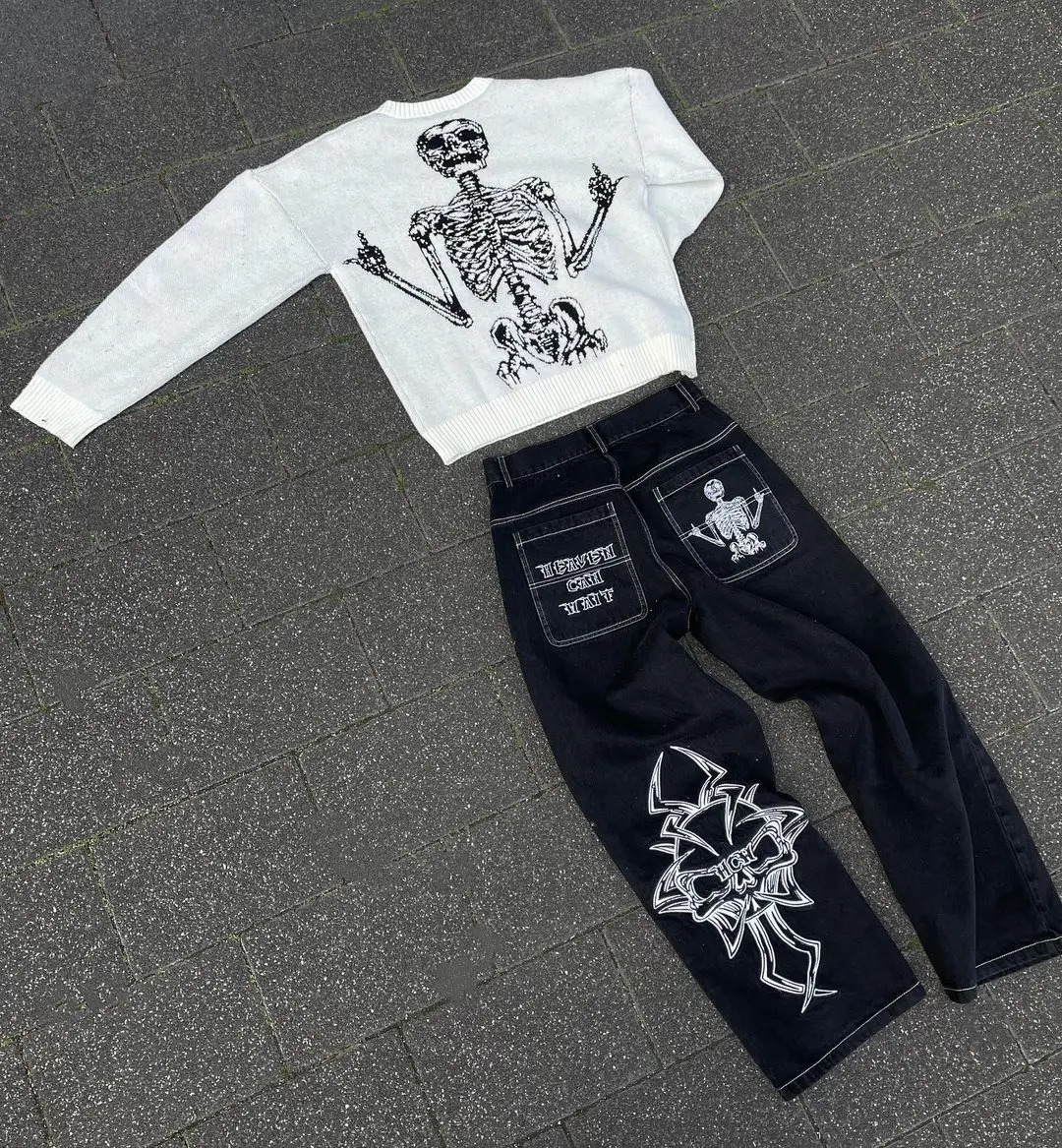 Y2K Mens Hip Hop Retro Skull Embroidery Bag Denim Pants Straight Casual Loose Wide Leg Trouser Streetwear 241108