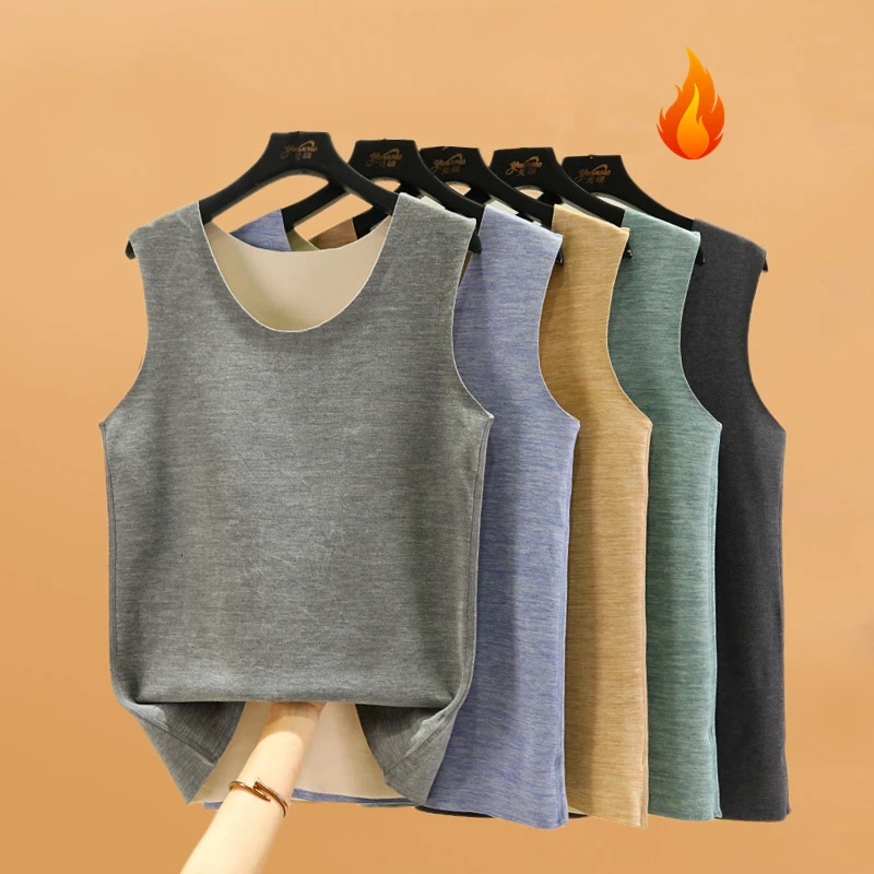 Mens Winter Warm Thermal Underwear Men Basic Thicken Wool Sleeveless Shirt Male Velvet Padded Vest Thermo Tops C36 241111