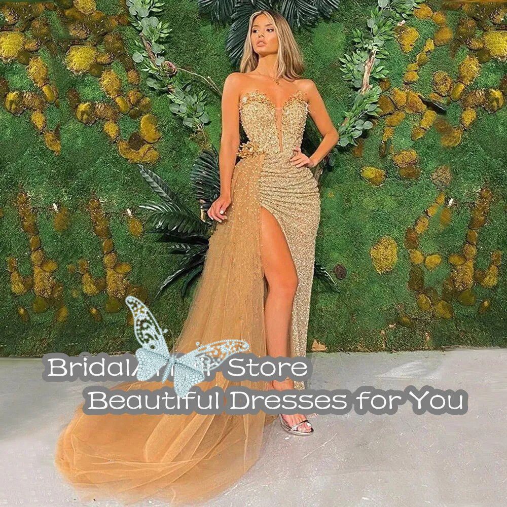 African Gold Sequins Glitter Evening Dresses Mermaid Sweetheart Sleeveless Women Formal Prom Gowns Vestidos Custom Made Bling Sequins Party Gowns