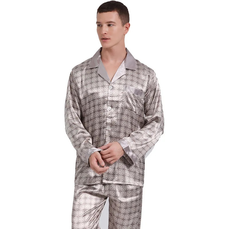 Printed Silk Pajamas for Men Sleepwear Cozy Soft Smooth Long Sleeve Nightgown Tops Trousers Two Pieces Mens Pajama Set 241111