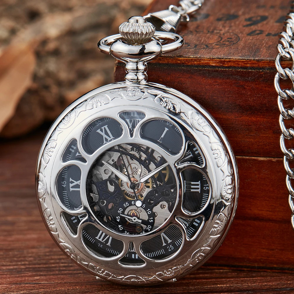 Roman numeral mechanical pocket watch carved silver case steampunk skeleton watch mens Fob chain watch 241108