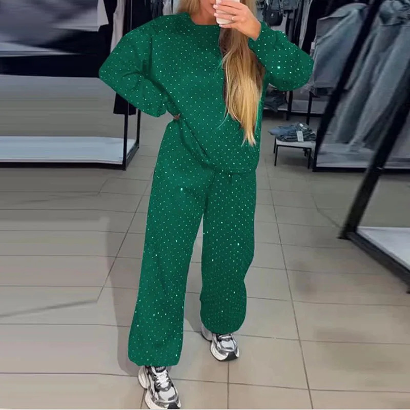 Autumn And Winter Water Dia Shining Casual Clothing Womens O-Neck Sportswear Zipper Strap Pants Retro Loose Sports Set 241111