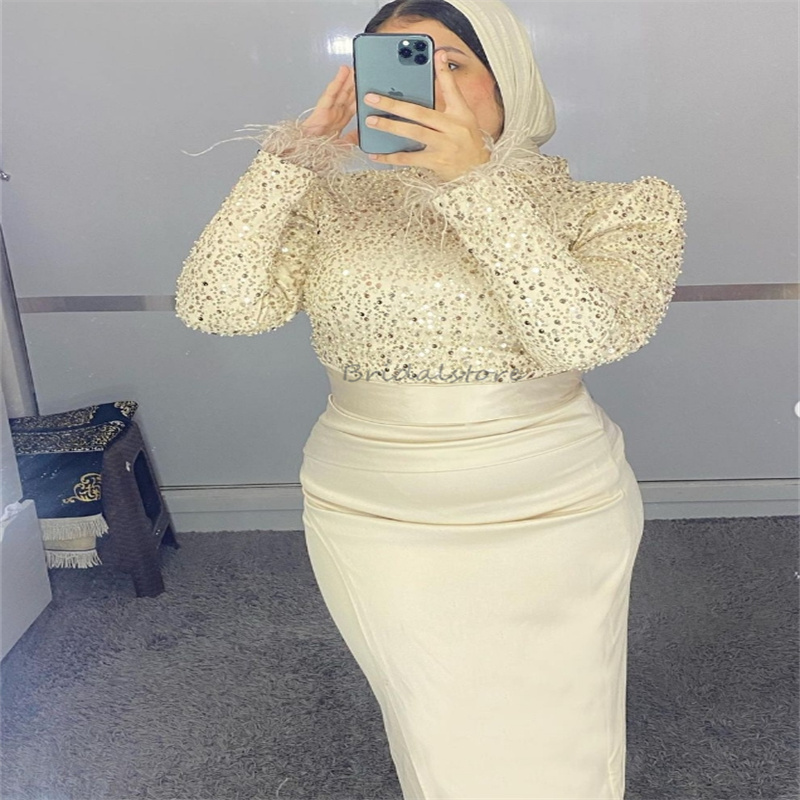Gorgeous Champagne Evening Dress With Detachable Train Sequin Mermaid Prom Dress With Feather Long Sleeve Birthday Party Gowns Vestio De Gala Turkey R