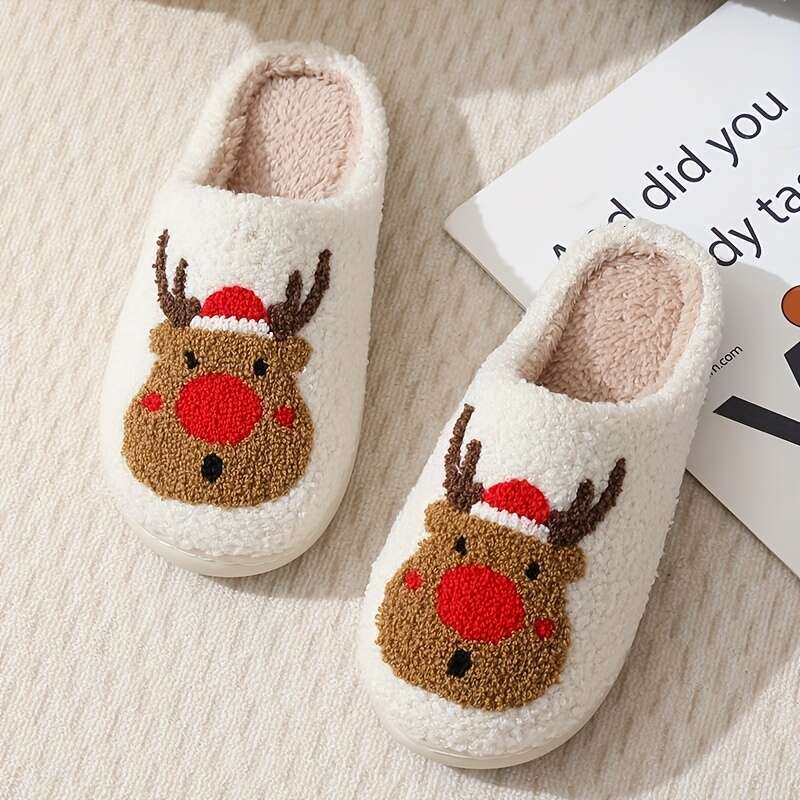 Christmas Christmas Deer Red Cartoon Indoor Soft Sole Plush ed Bedroom Cozy Shoes, Non-slip Mute Slippers, Winter & Autumn