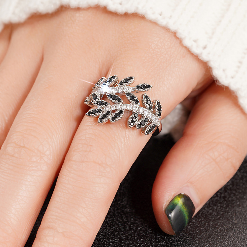 Ring fashion design black leaf diamond ring women white crystal ring white gold solitaire ring luxury jewelry