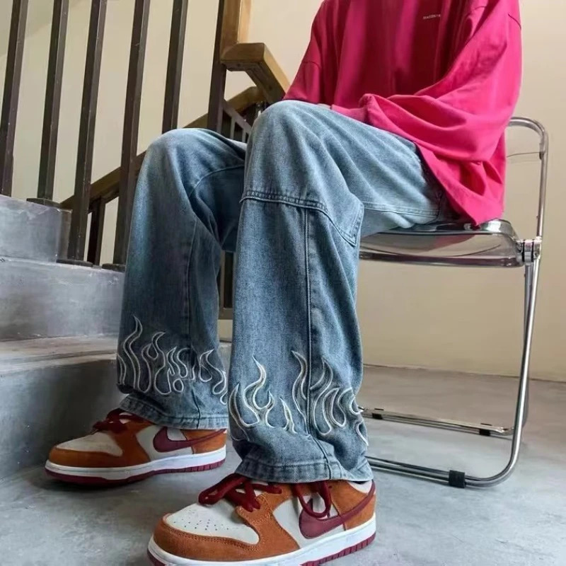 Spring Autumn Mens Jeans Korean Street Men Clothing Hip Hop Casual Skateboarding Pants BLACK JEANS WITH FLAME EMBROIDERY 241111